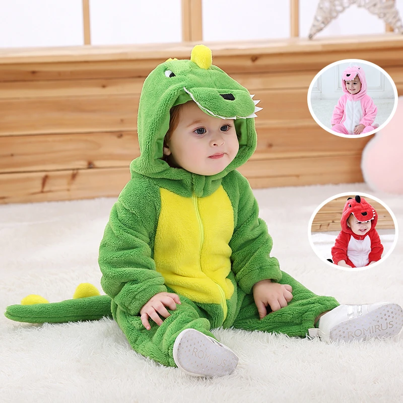 

Animal Dinosaurs Baby Clothes Boy Girl Romper Bodysuit Pajamas Winter Flannel Infant Kigurumis Hooded Overall Ropa bebe 0-5year