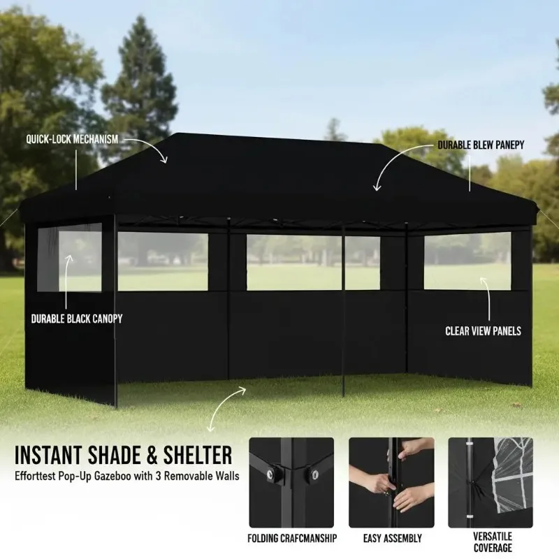 3-Side Black Sidewalls Pop up Canopy Tent Folding Gazebo Canopy Tent Ideal for Events, Festivals, and Celebrations
