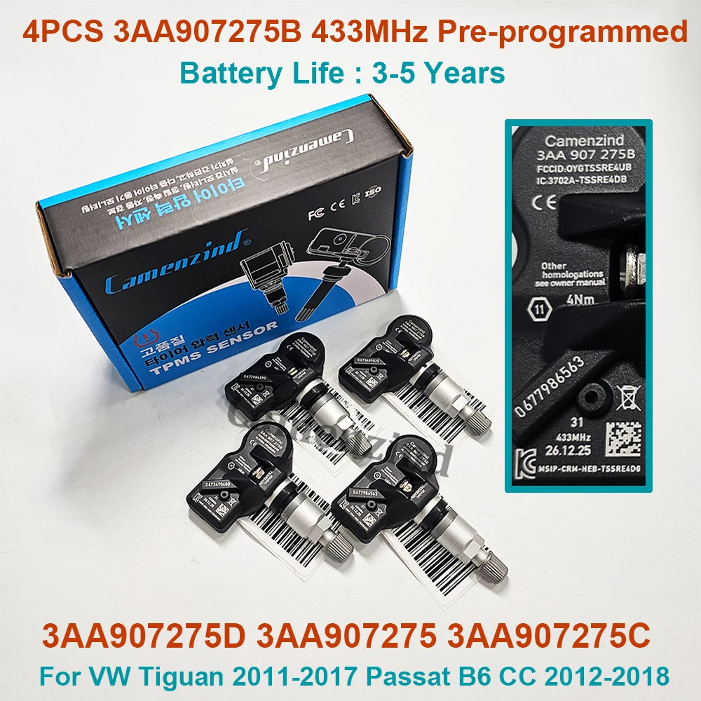 

4 шт. предустановленных датчиков TPMS 433 МГц 3AA907275B 3AA907275F 3AA907275 3AA907275D для Volkswagen Tiguan Passat B6 CC 2011-2017 гг.