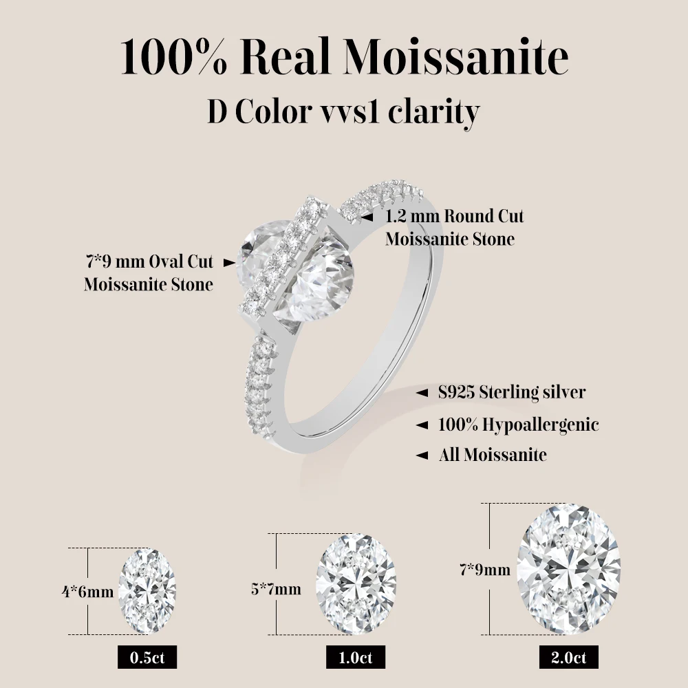 Mintybox Oval Cut 2.0ct Moissanite Ring for Women 925 Sterling Silver Pave Side Stone Engagement Wedding Fine Jewelry Party Gift