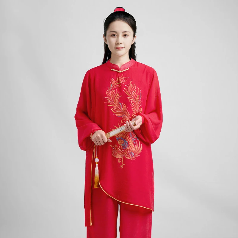 Women's Red Tai Chi Uniform Hand Painted Phoenix Performance Suit Chinese Style Baduanjin Qigong Martial Arts Gauze Linen Set