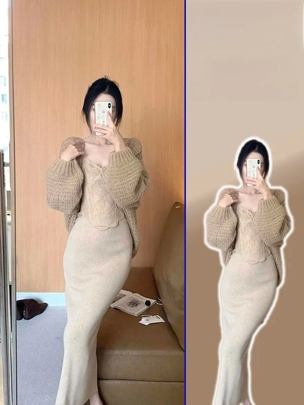

plus Size Women's Korean Sle Lace Vest Loose Cardigan High Waist Bodycon Skirt Tee Piece Set Spring Autumn Faion