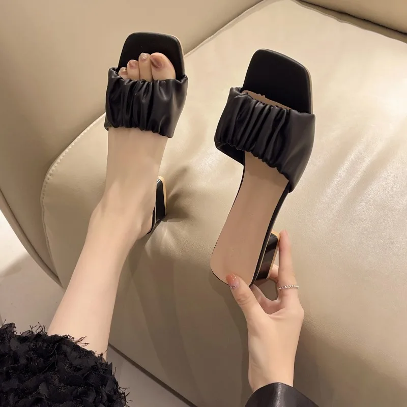 2024 New Summer Women Slippers Sandals Ladies Soft Comfortable  Pleate Sexy Thick High Heel Sandals Fashion High Heel Sandals