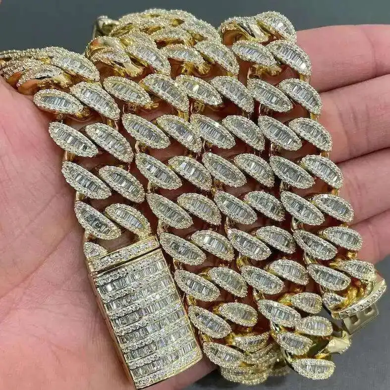 

Hip Hop Fully Iced Out 925 Silver 16mm Width Vvs Baguette Moissanite Diamond Miami Cuban Chain Necklace