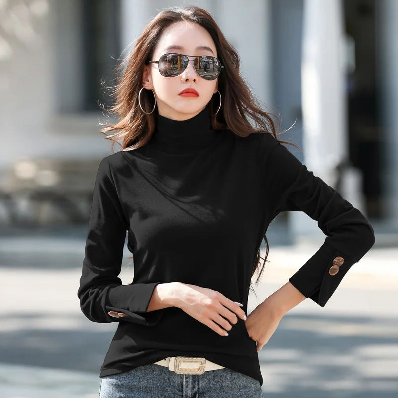 

#0316 Winter Turtleneck T Shirt Women Long Sleeve Buttons Casual Fleece T Shirt Warm Thick Woman T-shirts Slim Thick