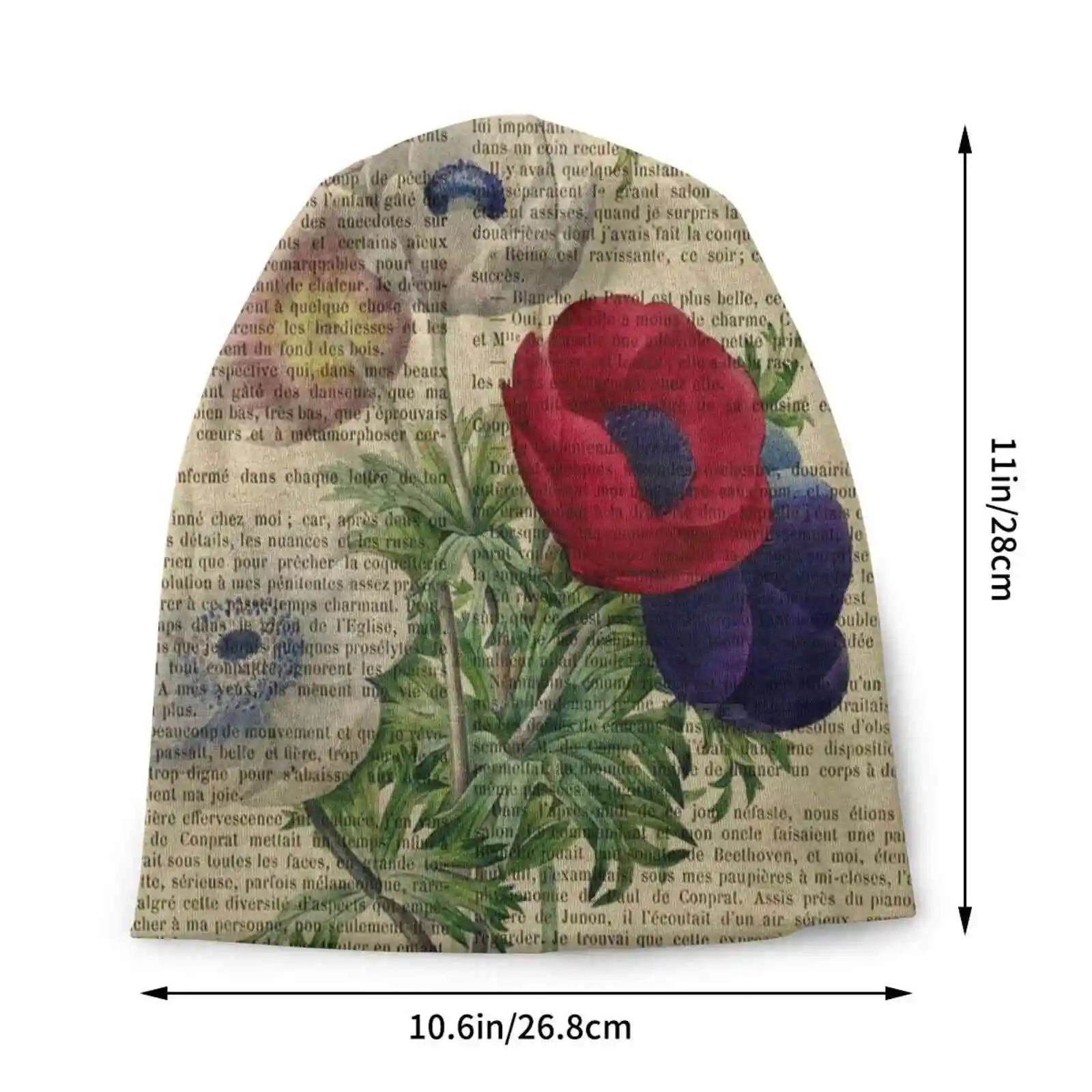 Botanical Print , On Old Book Page-Poppies Knitted Hat Warm Beanie Outdoor Caps Botanical On Old Book Page Poppies Old Page