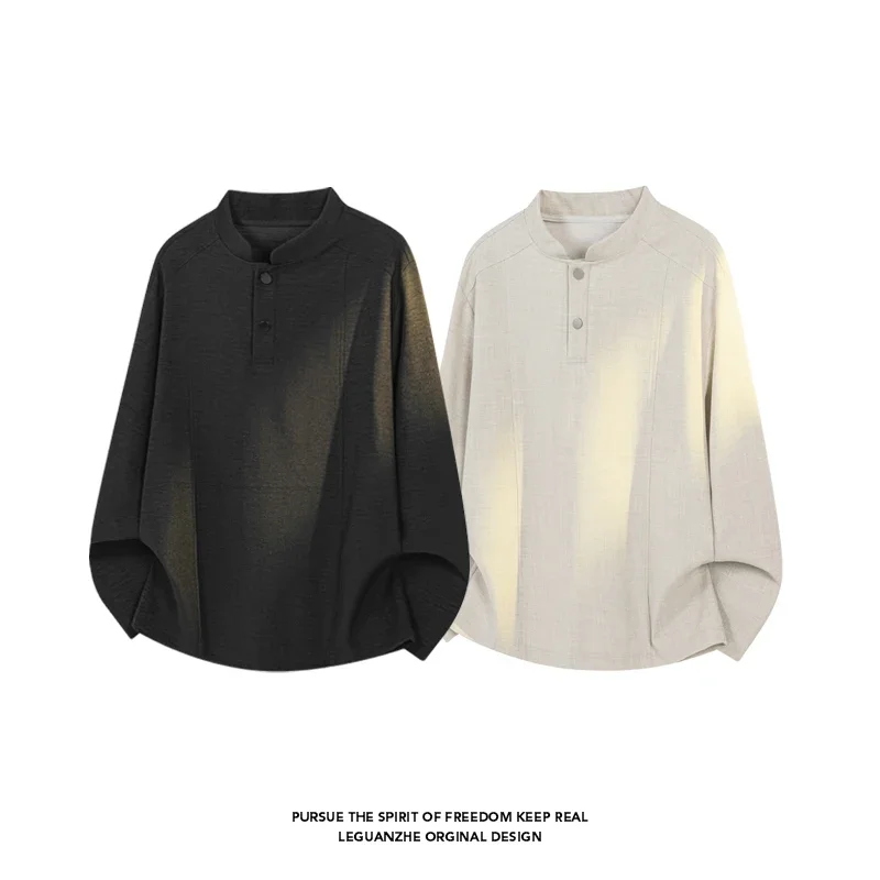 Mens Minimalist Street Fashion Long Sleeve Top Mandarin Collar Vertical Sewing Detail Soft Material For Daily Hangout