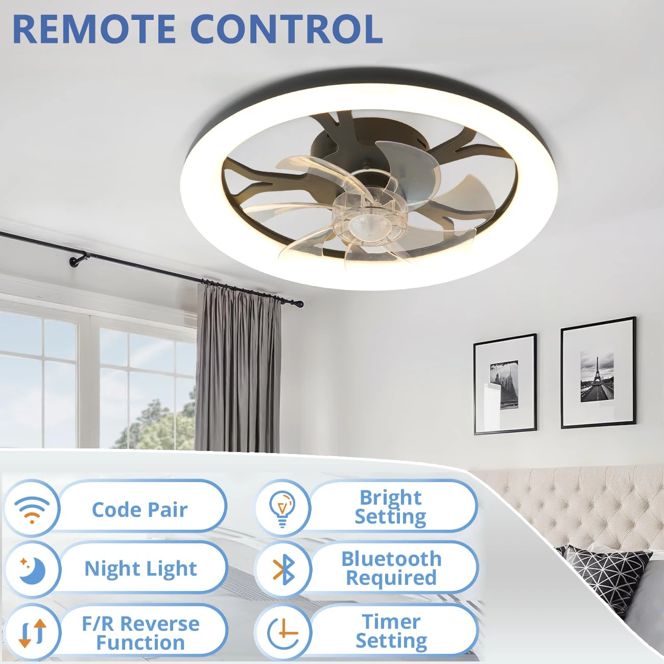 Low Floor Ceiling Fan with Light and Remote Control, Embedded Ceiling Fan, Dimmable Pendant Light, Living Room, Bedroom Lighting