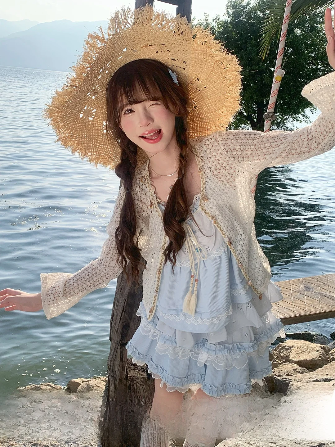 

Sinsingirl Bohemian Blue Halter Neck Open Cardigan Vacation Style Doll Skirt Three Piece Set Long Sleeve Summer Fashion