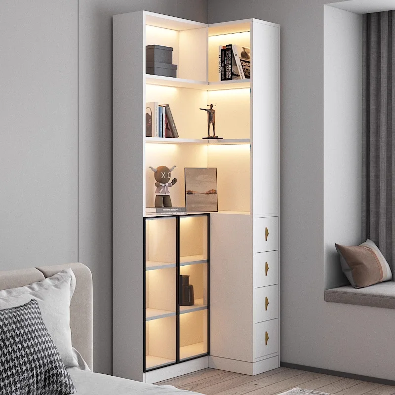 Living Room Sofa Corner Cabinet Household Bedroom Bedside Side Pull-out Cabinet, Corner Glass Door Side