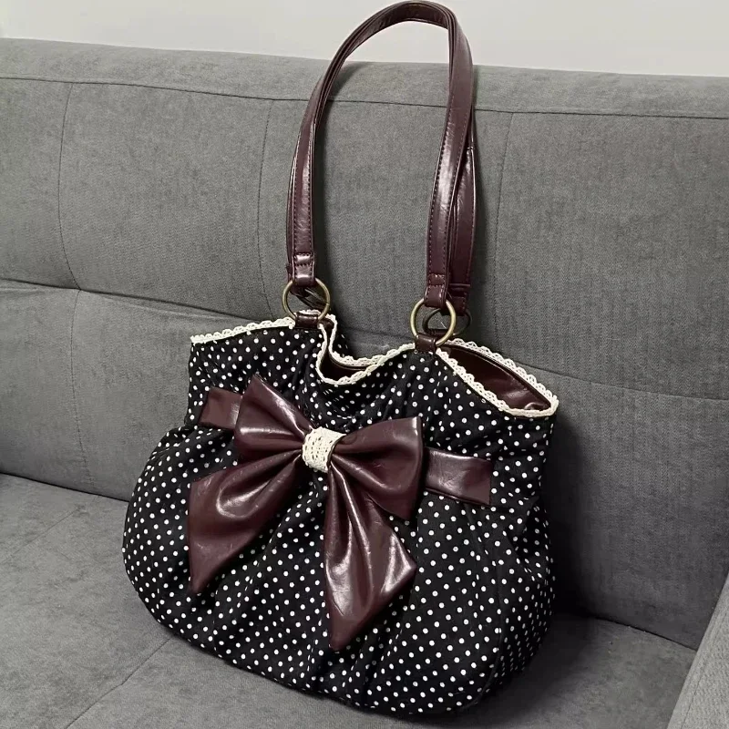 Vintage Y2k Aesthetic Dot Women's Handbag Casual Chic Bow Office Lady Shoulder Bags All Match Streetwear Trendy Ins Underarm Bag