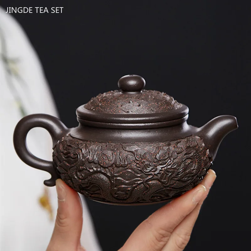 200ml Handmade Yixing Purple Clay Teapot Raw Ore Black Gold Sand Relief Dragon Pattern Tea Infuser Home High-grade Zisha Tea Set