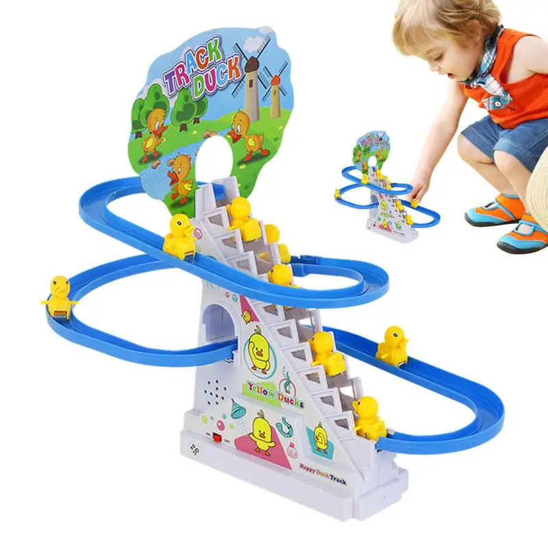 Electric Climbing Stairs Toy Montessori Toys Track Game Set Stair Climbing Toy Small Ducks With Lights & Music Toddler Kids Toys