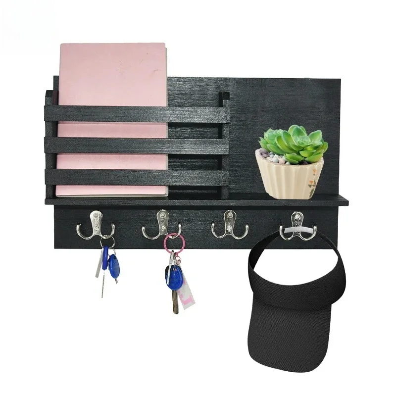 Wall-mounted bamboo storage rack storage Wooden key and mail holder for walls with shelves, black home decor with 4 hooks