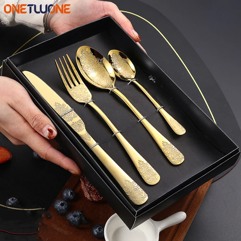 Gold Luxury Cutlery Sets Fork Spoons Knife Silverware Kit Vintage Carved Tableware Set European Dinnerware For Home Kitchen
