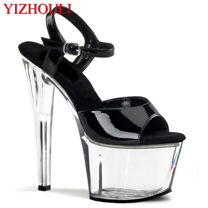 

Catwalk sandals with high heels and sexy mouth, stage seduction model 17 cm transparent soles party dance shoes