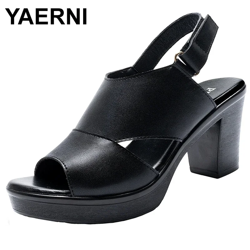 Women\'s Sandals Genuine Leather Platform  New Summer Footwear Thick Sole Black Elegant Medium Heel Ladies Summer Shoes Pumps