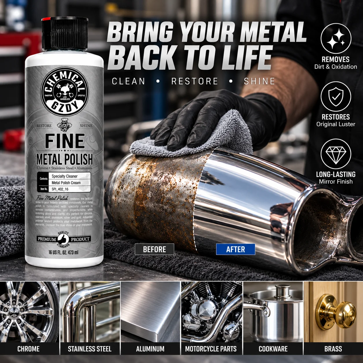 Fine Metal Polish for Chrome Stainless Steel Aluminum Removes Light Oxidation Tarnish Restores Mirror Shine Polishing Cream