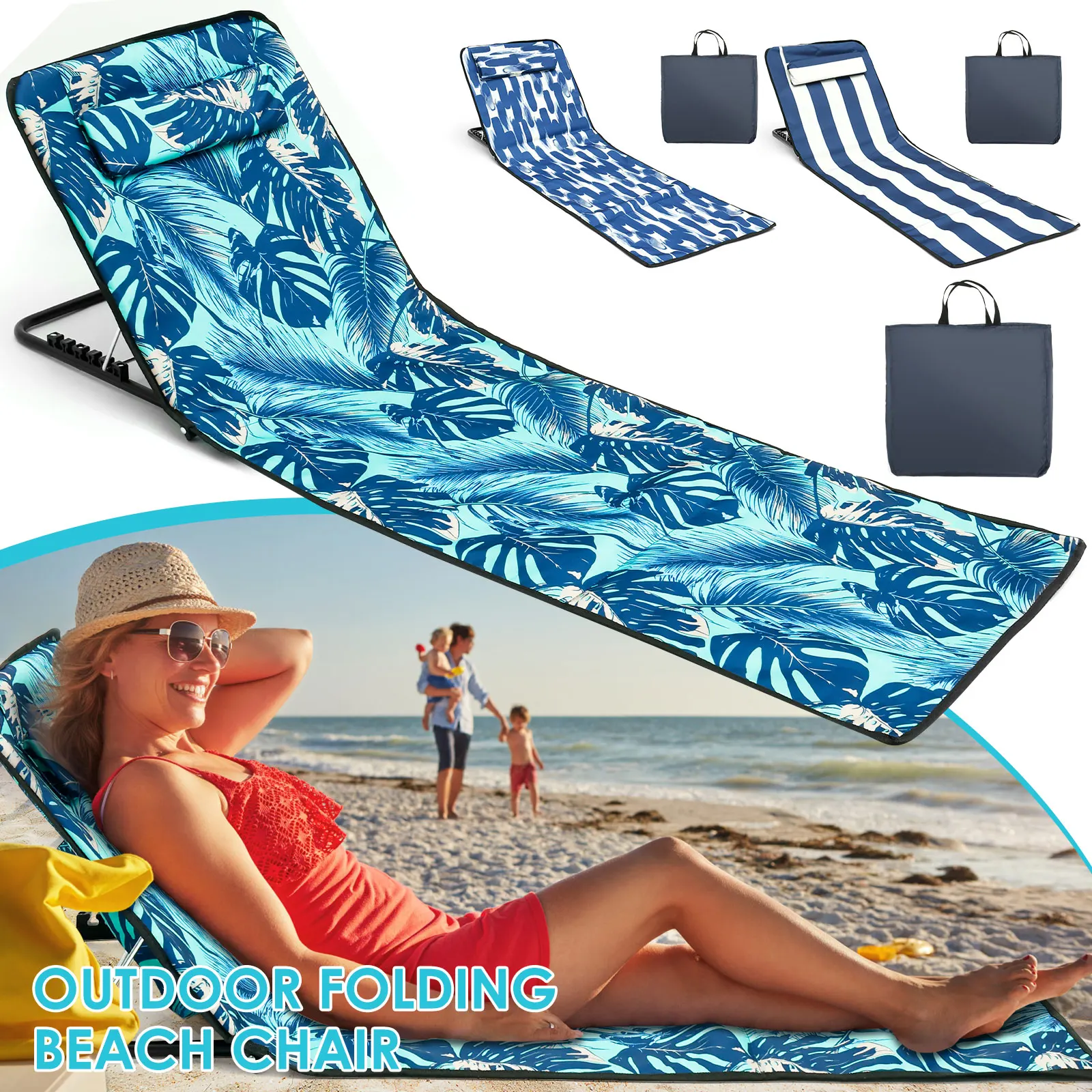 Estera para silla de sol de playa, tela Oxford, impermeable, reclinable para tomar el sol con bolsillo, ángulo de inclinación ajustable, estera bronceadora plegable portátil