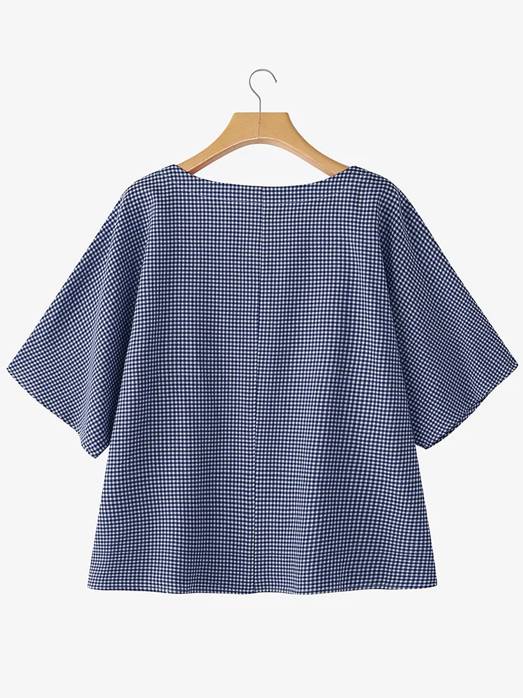 เสื้อผู้หญิง ZANZEA ฤดูร้อน 2025 ลายสก็อต คอเหลี่ยม แขนสั้น สไตล์ลำลอง เหมาะสำหรับทำงาน ทรงโอเวอร์ไซส์