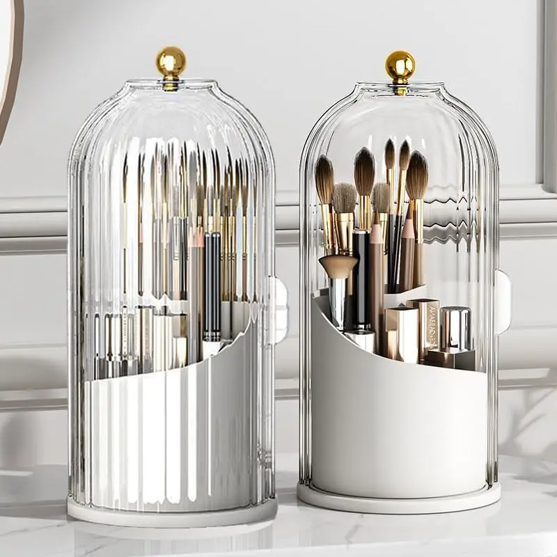 360-Degree Rotating Makeup Brush Holder with Transparent Door Lid, Beauty Supplies Organizer, Cosmetic Storage Box for Vanity Bathroom Desktop Countertop Summerwins