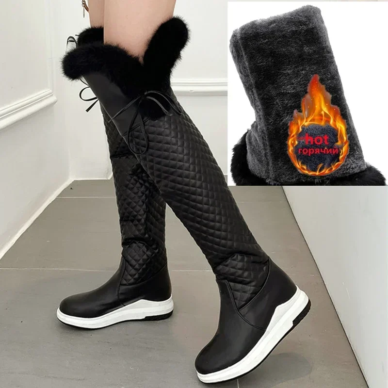 

【ENMAYER】Women Winter High Snow Boots Warm Fur Black Over the Knee High Boot Ladies Casual Wedge Heels Rain Shoe Waterproof