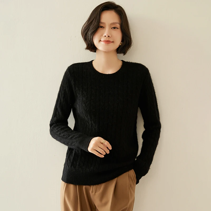 Simple Autumn Winter O-Neck Twist 100% Cashmere Knitted Women Solid Color Pullover Casual Long Sleeve Thick Warm Base Layer Top