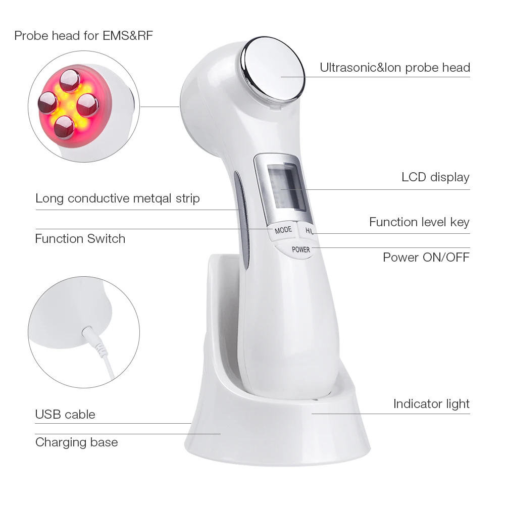 Ferramenta facial do tratamento do emagrecimento, 6 em 1 máquina da terapia do microcorrente do ems, massager do elevador da pele, máquina conduzida da beleza do rejuvenescimento do fotão