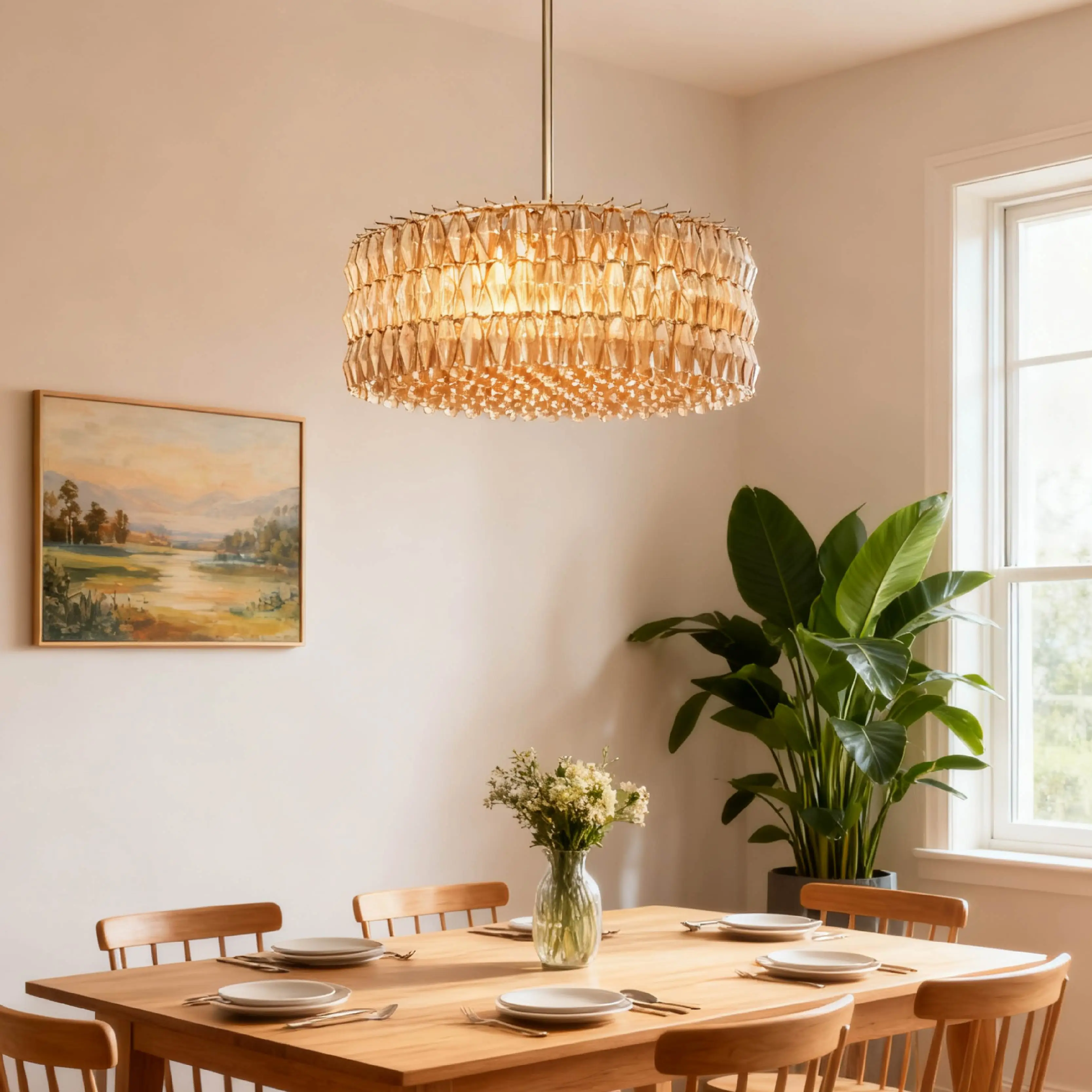 

REVEN Single Tier Dimmable Pendant Lamp Round Glass Hardware Adjustable Chain lustre 3-Color Custom for Living Dining Hotel
