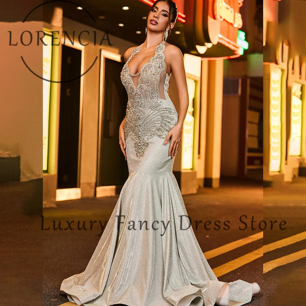 Prachtige Diamant Galajurken 2025, Halter Glanzende Zeemeermin Avondjurken voor Meisjes Aangepaste Mouwloze vestido madrinha