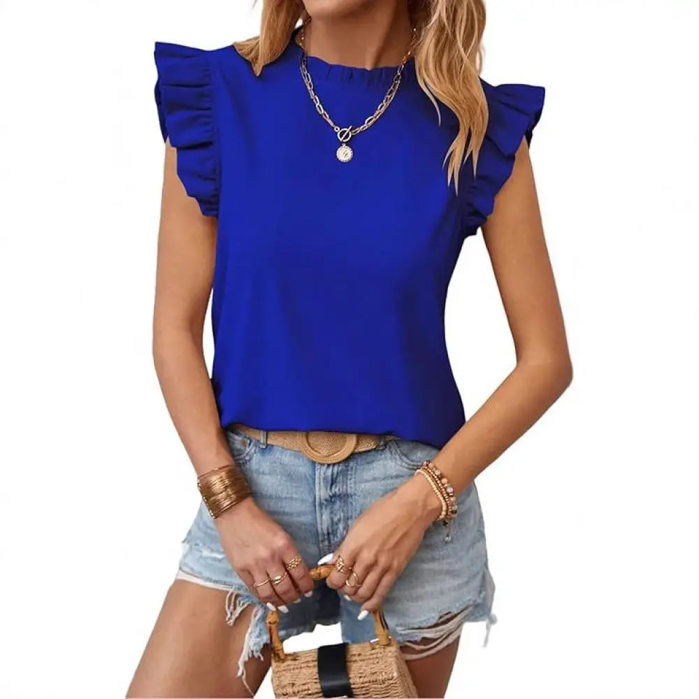 Womens Summer Casual Top Elegant Ruffle Sleeve Round Neck Pullover Solid Color Loose Fit Fashion Daily Soft Blouse