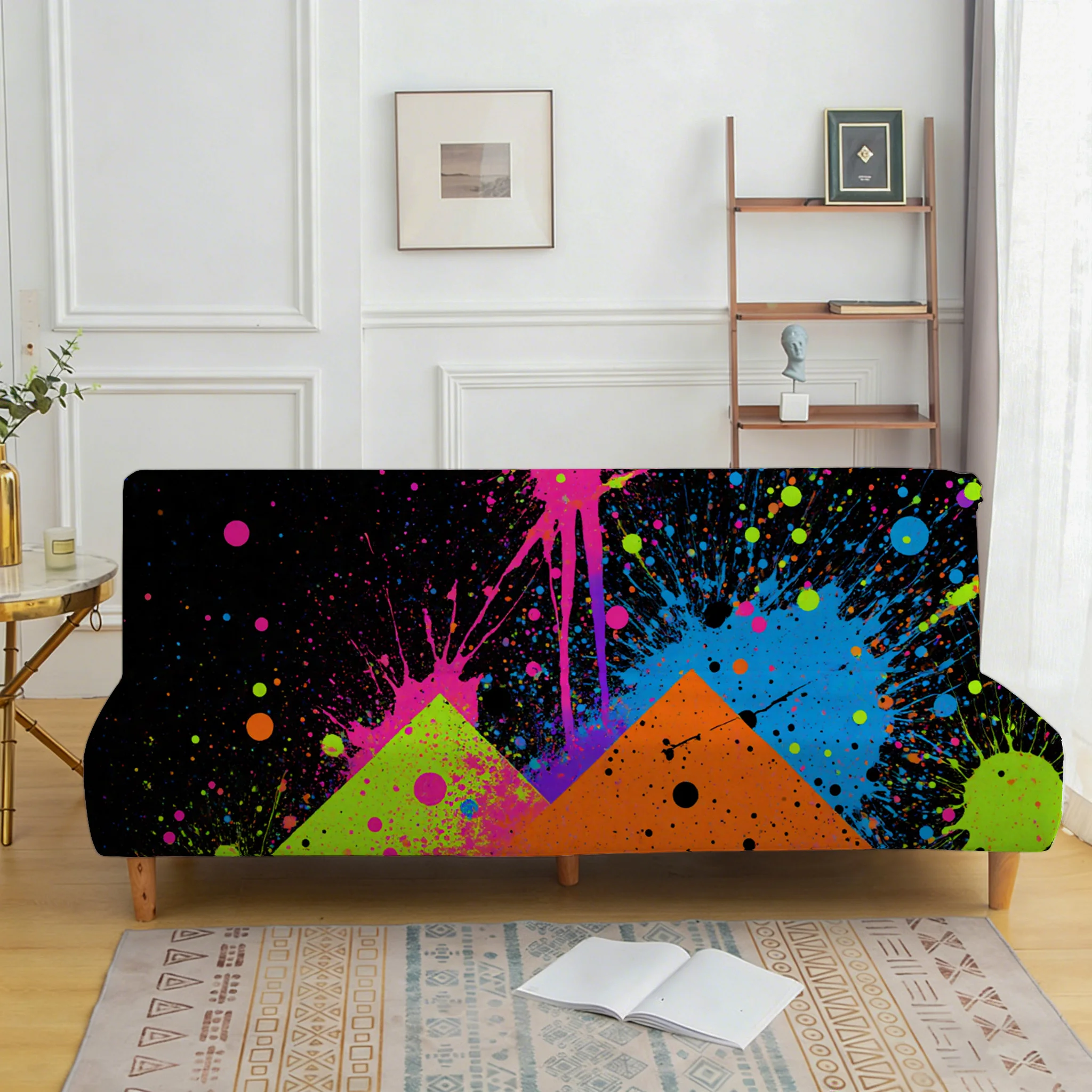Neon contrasting ink splashing elastic sofa bed cover, living room sofa bed cover, dustproof machine washable sofa bed cover