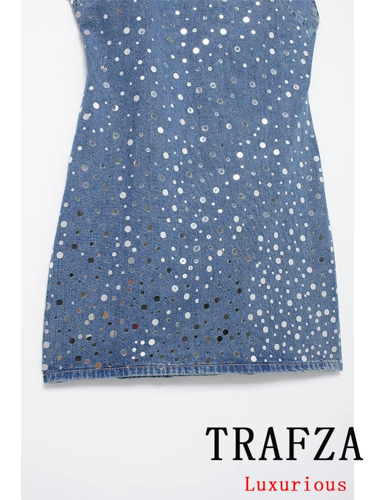 TRAFZA Vintage Casual Chic Women Denim Dress O-Neck Sequined Sleeveless Straight Mini Dress New Fashion 2024 Autumn Female Dress