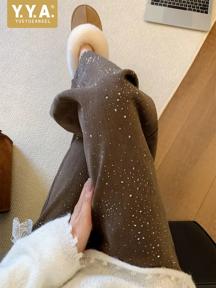 Work Ladies Spring New Coffee Colored Straight Jeans High Waisted Diamond Denim Trousers Retro Style Female Casual Long Pants
