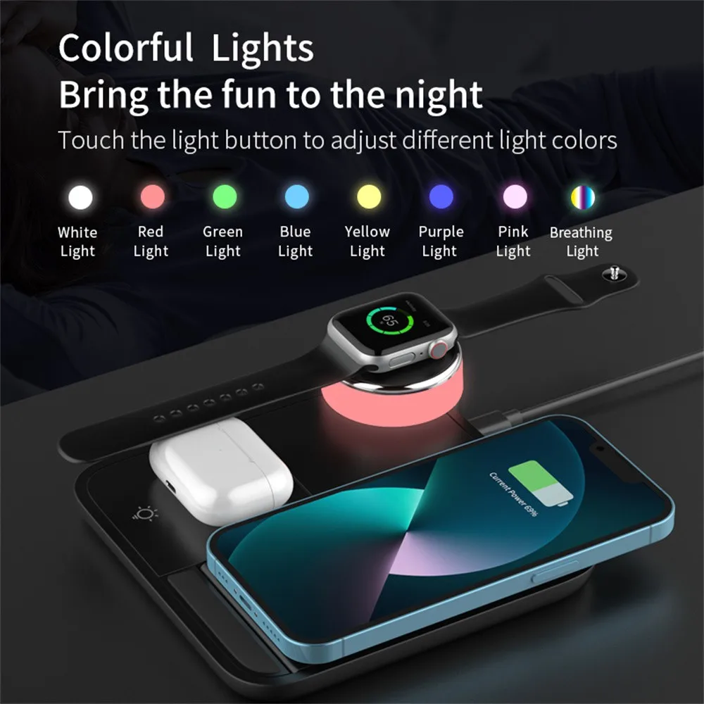 4 in 1 Foldable Wireless Charger Stand 8 Colorful Lights Fast Charging Station For iPhone 14 13 12 Pro Max Apple Watch 7 Airpods