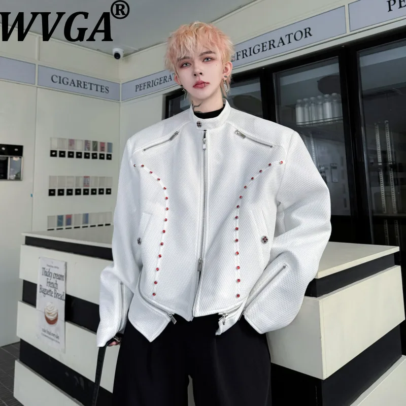 WVGA Spring Autumn New Men Solid Color Stand Collar Rivet Zipper Decor Trendy Jacket Niche Chic Casual Long Sleeved Coats W18590