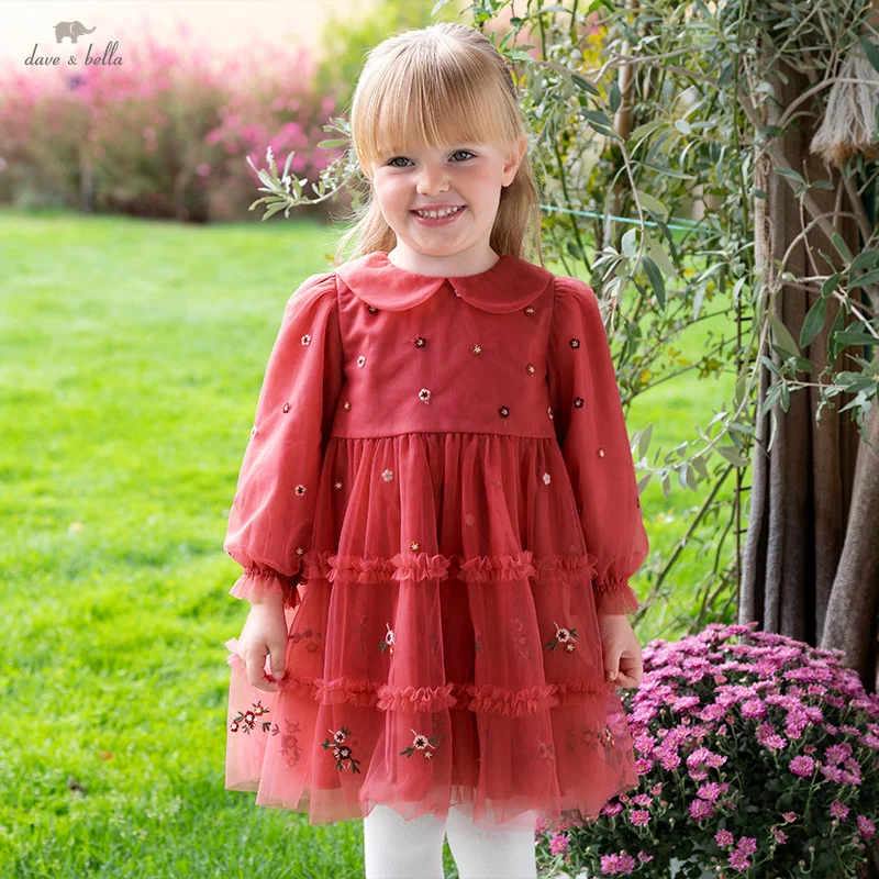 

Dave Bella Girls Baby Princess Dress 2025 Spring Sweet Cute Red Embroidery Floral Mesh Dress Party Outdoor New Year DB1250939