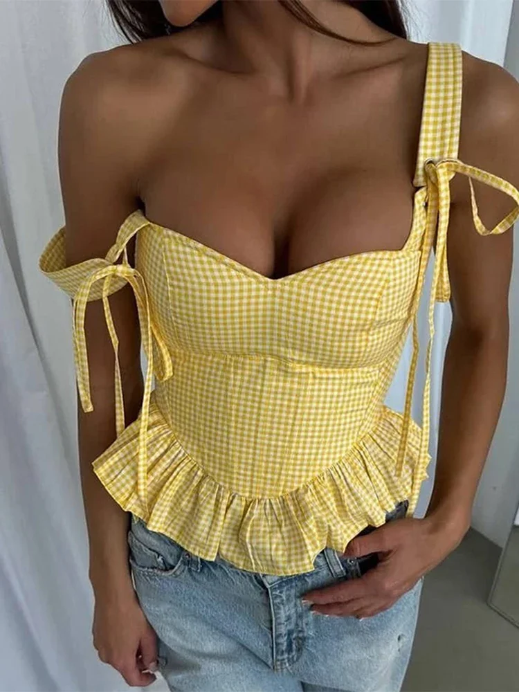 Sexy Women's Plaid Sling Tops Slim Bandage V-neck Sleeveless Ruffles Yellow Party Vests 2026 Summer Lady Beach Holiday Tops