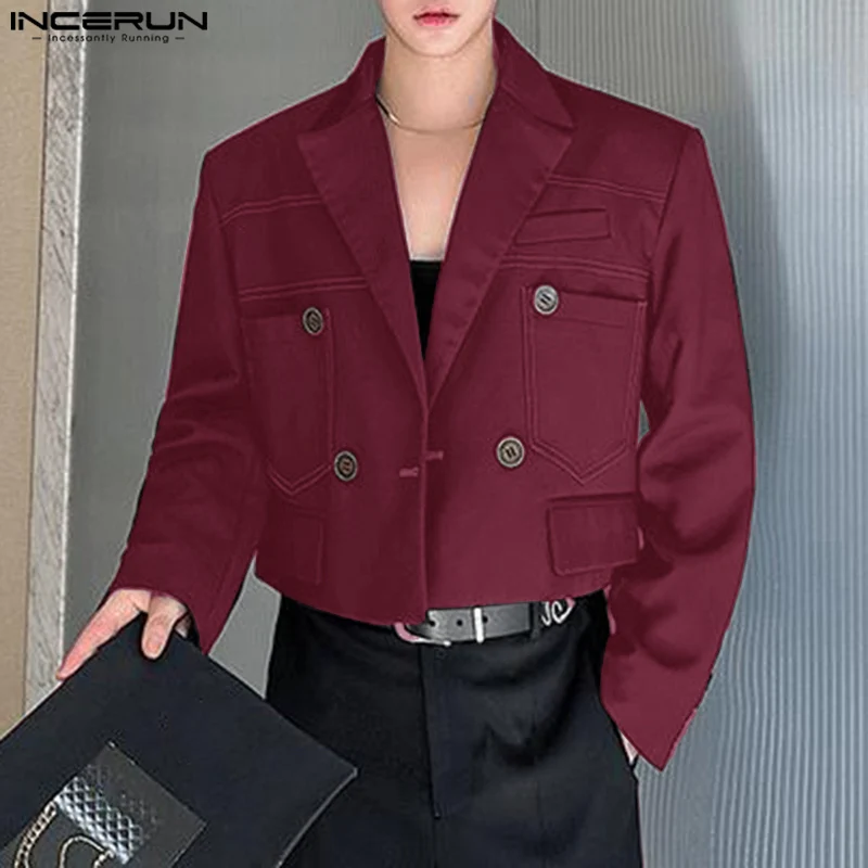 Handsome New Mens Tops INCERUN 2024 Casual Solid All-match Line Cropped Design Suit Stylish Male Loose Long Sleeved Blazer S-5XL