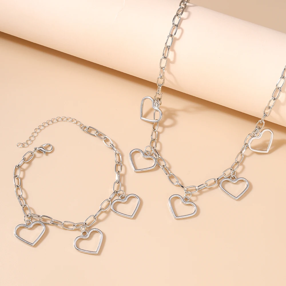 Aihua Romantisches, süßes Metall-Herz-Halsketten-Set für Damen und Herren, modisches Armband-Halsketten-Party-Hochzeits-Schmuckset, Geschenke – Detail 4