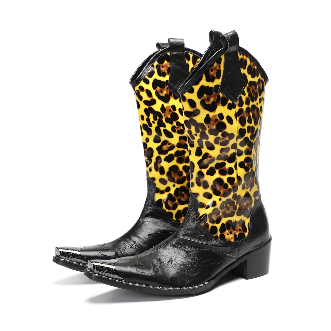 

Botas Fashion Leopard Pointed Toe Genuine Leather Long Boots for Men Plus Size Male Cowboy Western High Top Boots Party Shoes
