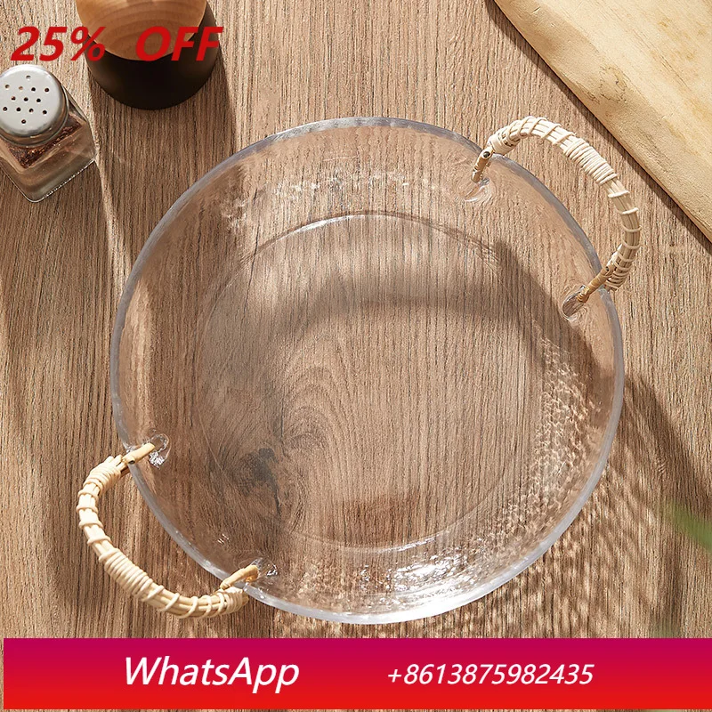 

LTT Handmade Rattan Glass Plate Fruit Plate Living Room Home Japanese Retro Snack Salad Plate