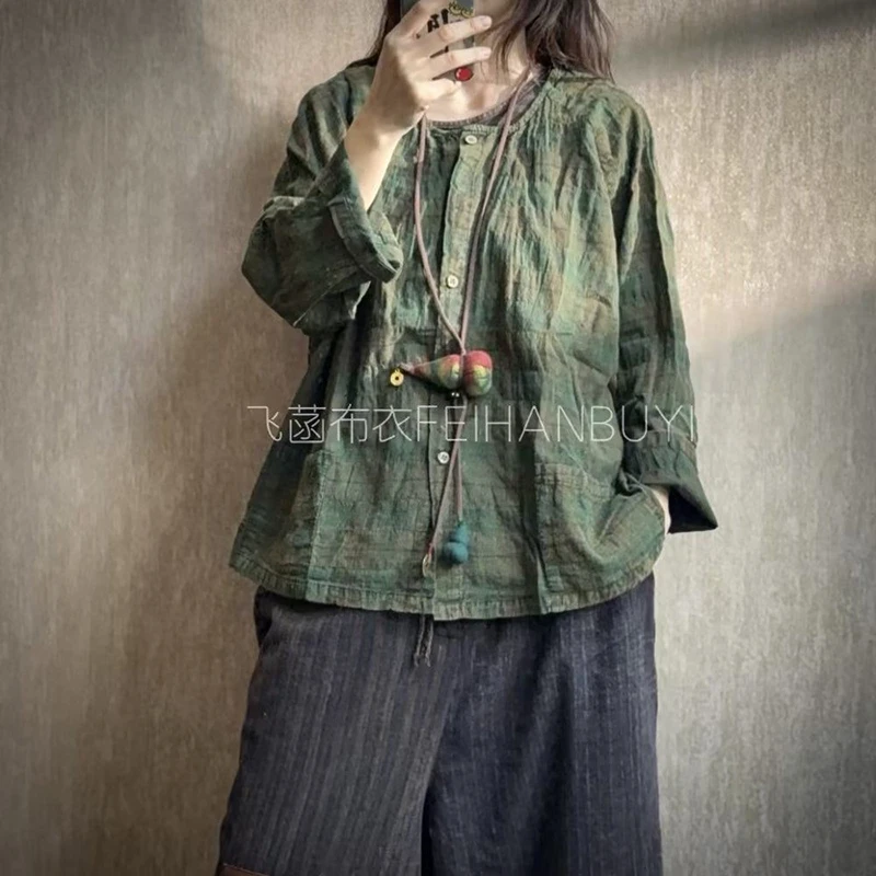 

2026 New Arrival Spring/autumn Women Loose O-neck Nine Quarter Sleeve Blouse Casual Cotton Linen All-match Vintage Shirt F69