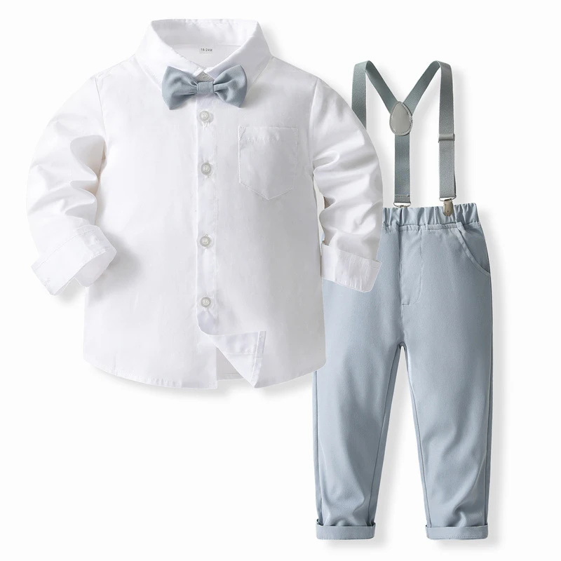 

4Piece Sets Spring Fall Toddler Boy Outfits Korean Fashion Gentleman Baby Tops+Pants+Tie+Straps Kids Boutique Clothes BC2090-1