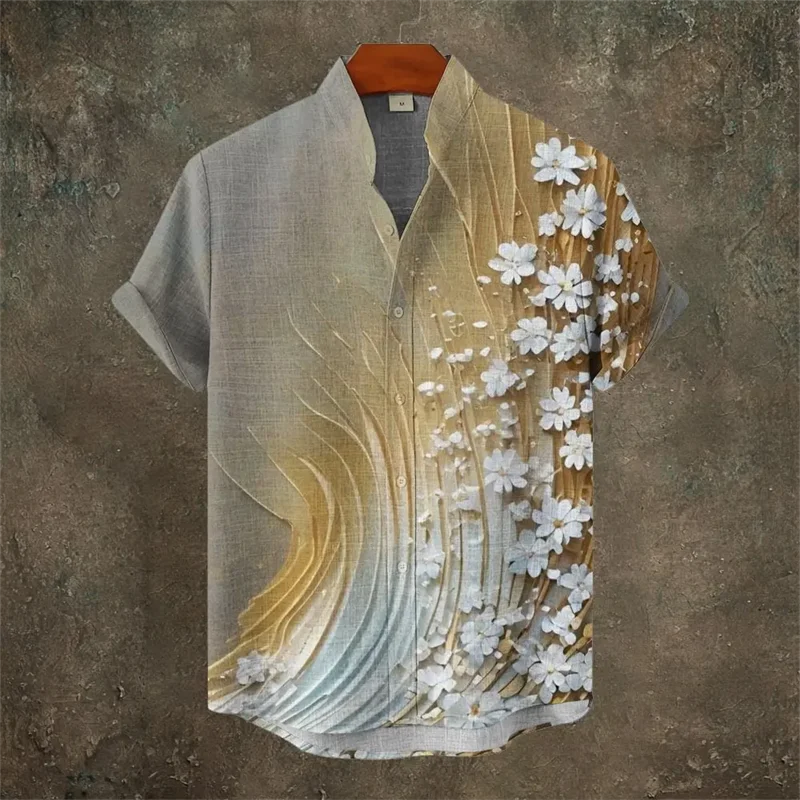 Men's new summer comfortable linen short sleeved shirt 3D cat print mountain peak pattern button short sleeved top