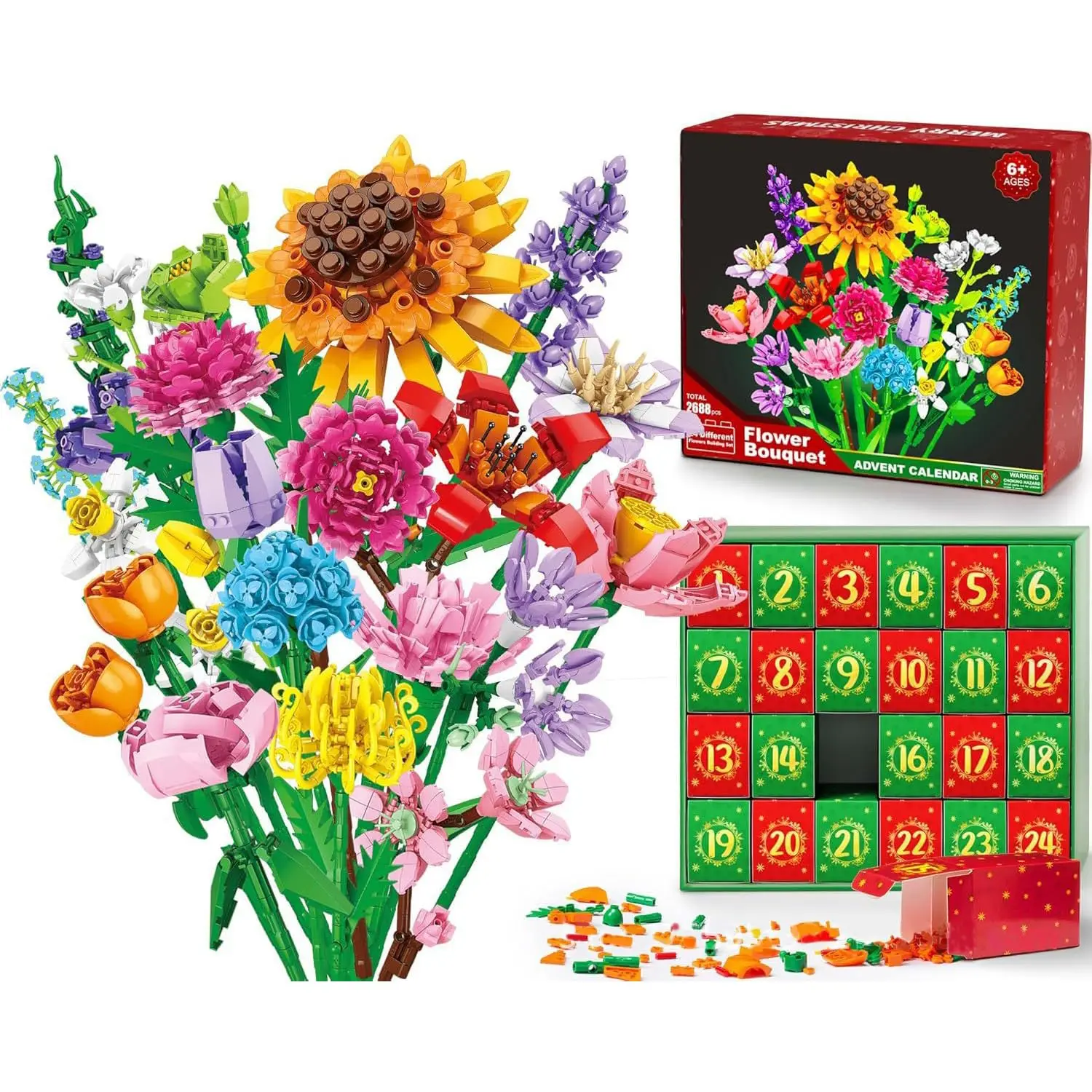 

2025 Advent Calendar with Bouquet Building Blocks 24 Days Christmas Countdown Calendar Christmas Gift DIY For Women Men
