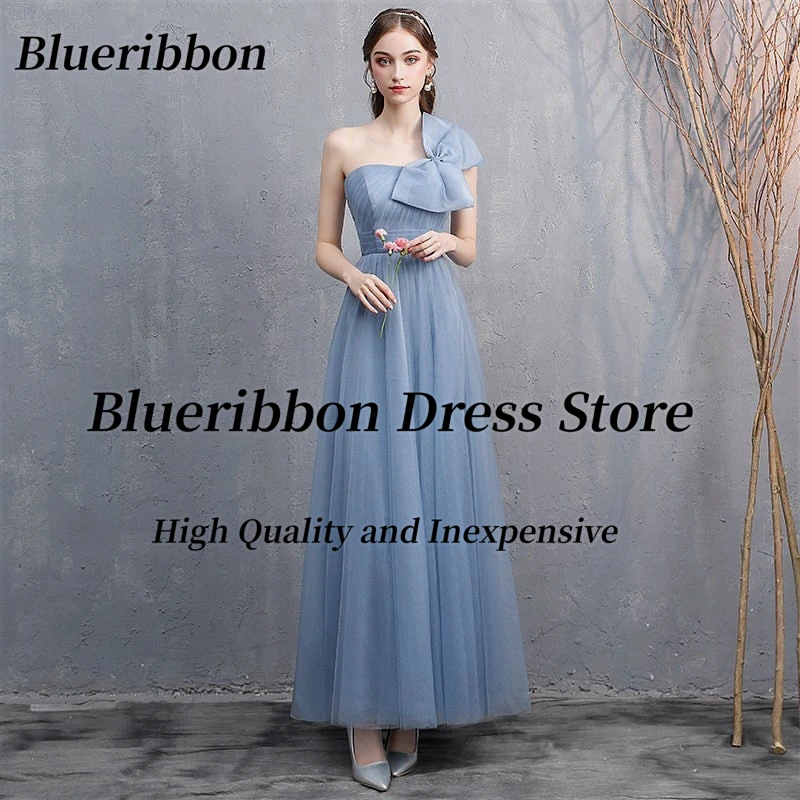 

Blueribbon 우아한 이브닝 롱드레스 Big Bow One Shoulder Prom Dresses Lace Up Sexy Back Bridesmaid Dress for Wedding Long Tulle Evening Gown