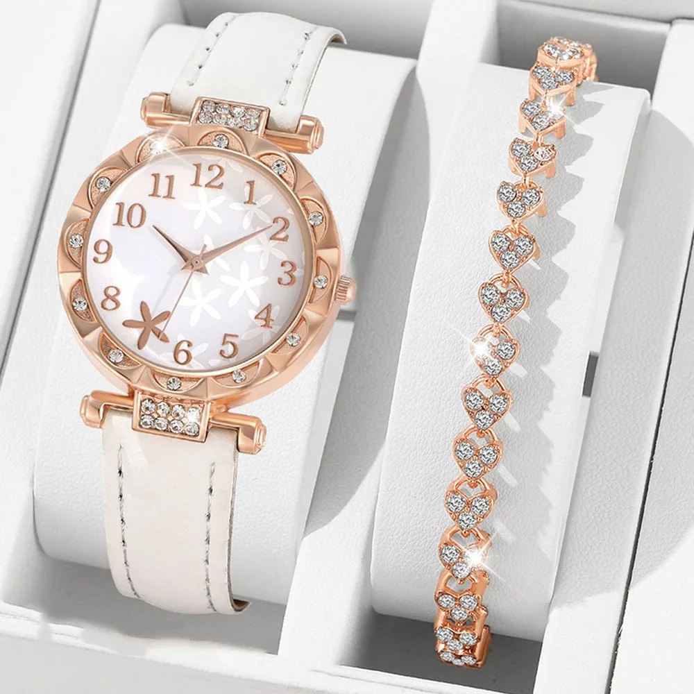 

Rhinestones Watch Jewelry Set Heart Shape with Leather Strap Watch Bracelet Set Star Starfish Dial Quartz Wristwatch Gift
