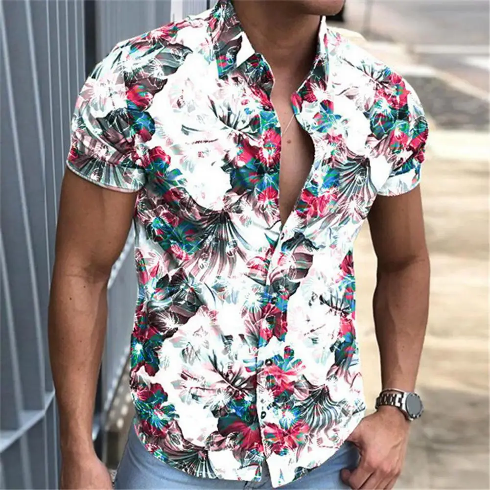 Eye-catching Summer Shirt Buttons Men Shirt Short Sleeve Floral Pattern Men Shirt  Daily Wear