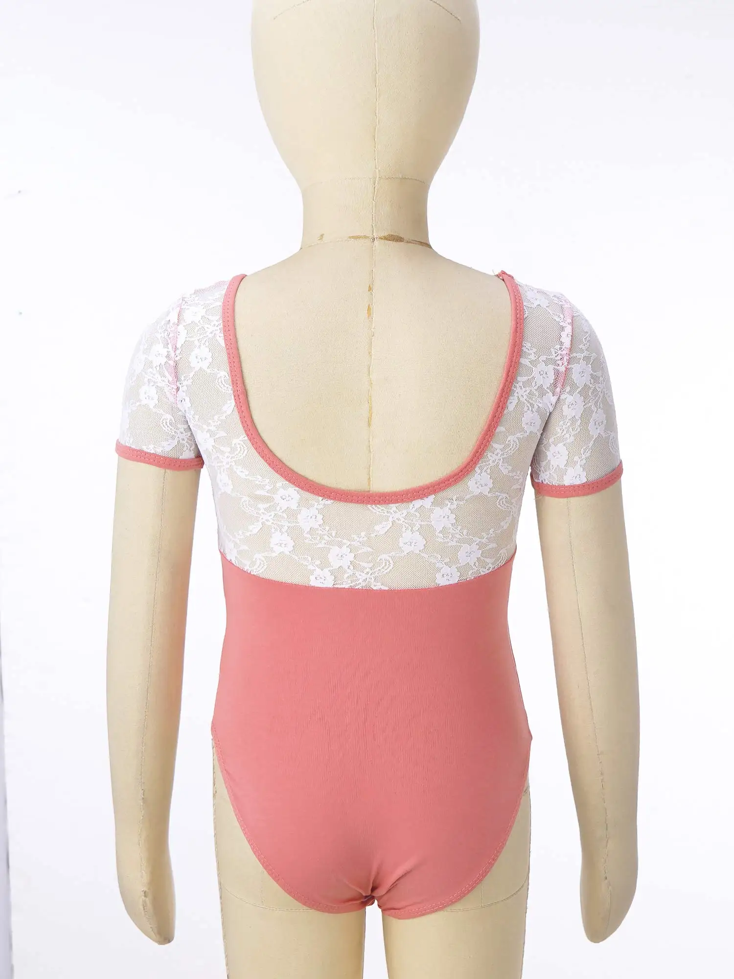 Teens Girls Short Sleeve Backless Dancewear Lace Mesh Ballet Gymnastics Leotard Kids Dance Class Training Performance Costume